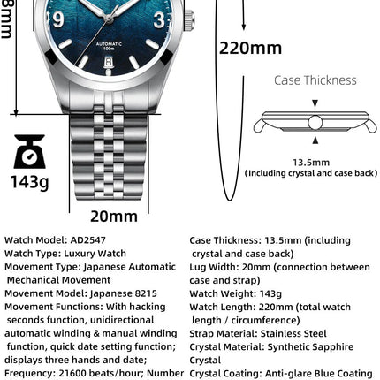 ADDIESDIVE AD2547 BGW9 Super Luminous Men Watch Sapphire Glass 10Bar Waterproof  316L Stainless Steel Automatic Mechanical Watch