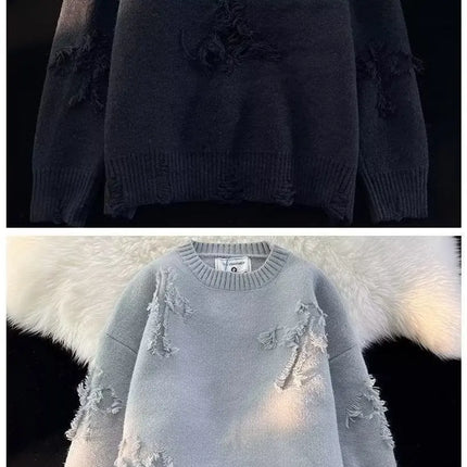 2026 Street Style Broken Holes Sweaters for Men Autumn Winter Thick Knitted O Neck Pullovers Vintage Casual Couple Sweater Coats
