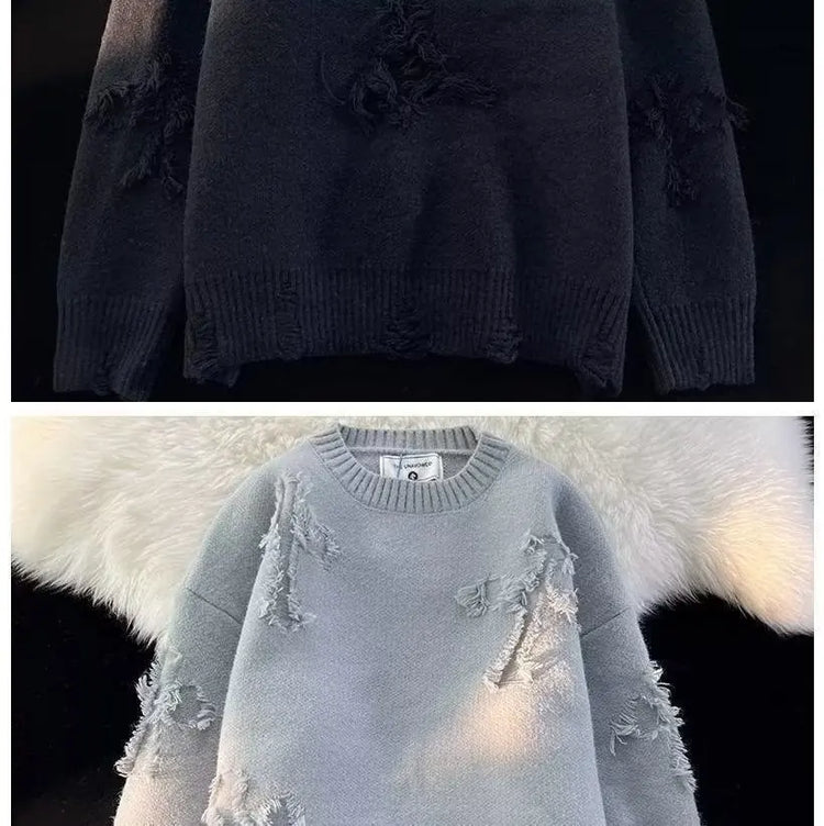 2026 Street Style Broken Holes Sweaters for Men Autumn Winter Thick Knitted O Neck Pullovers Vintage Casual Couple Sweater Coats