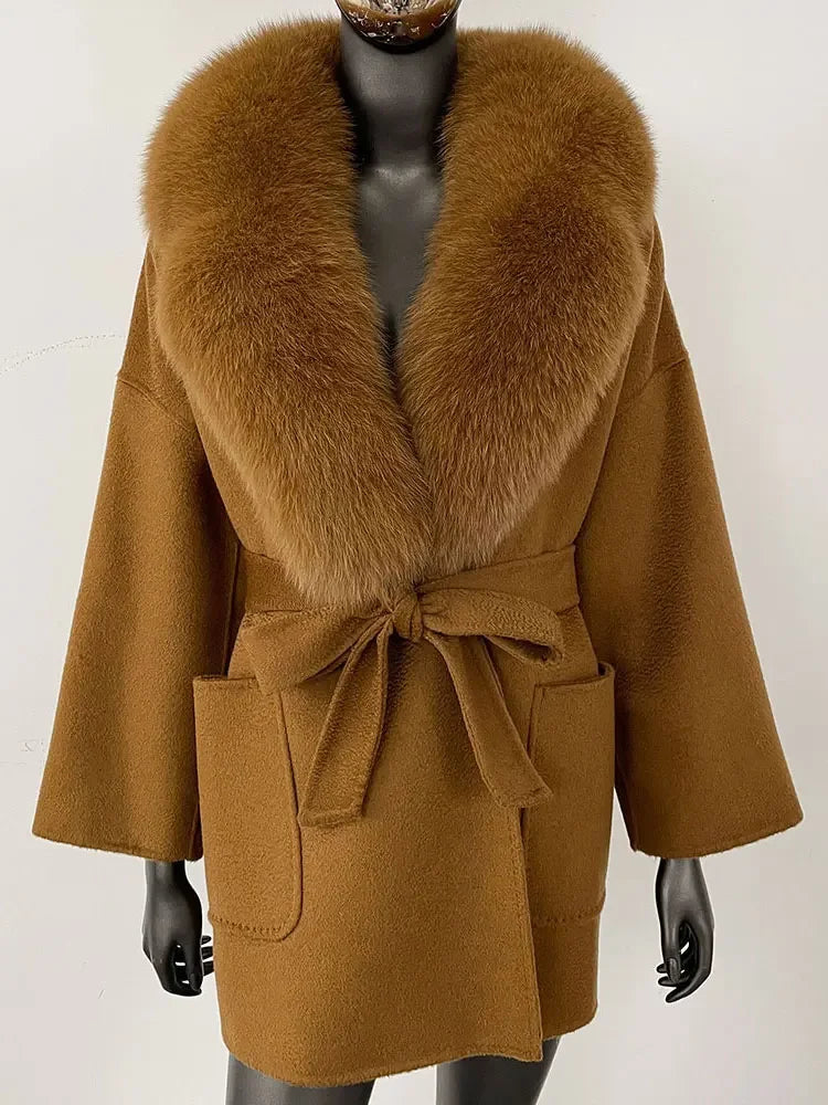 CXFS 2025 Winter Fashion Women Double-sided Wool Cashmere Coat with Detachable Natural Fox Fur Collar New design suit collar