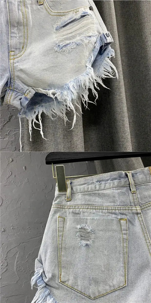 Shorts in denim da donna a vita alta, strappati, con orlo grezzo e sfilacciato, casual, hot pants