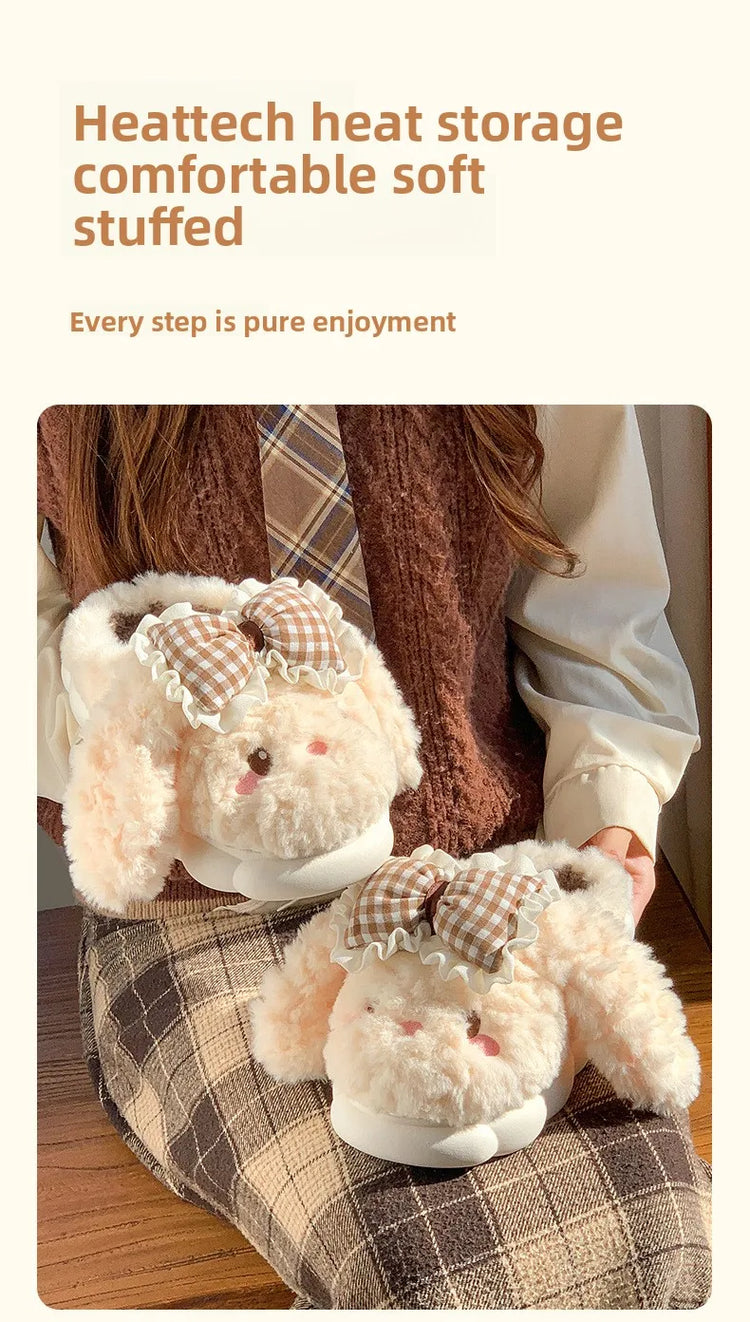 2026 New Women's Cotton Bow Bunny Slippers Winter Indoor Home Warm Household Wool Cotton Shoes Women Wear Indoor Winte