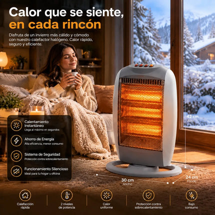 1200W Electric Halogen Heater with Automatic Oscillation and 3 Adjustable Power Levels, Portable Heater with Tip-Over Protection for Home and Office 30x24x42cm