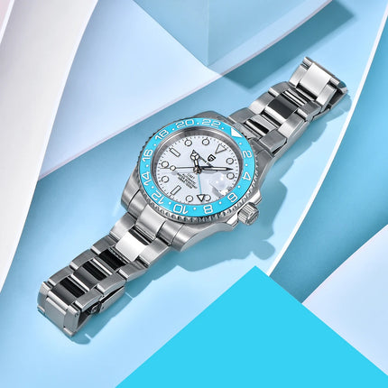 TOP PAGANI DESIGN PD1662 GMT Orologio meccanico automatico da uomo Cinturino in acciaio inossidabile Anello in ceramica blu Quadrante bianco Resistente all'acqua fino a 100 m Orologi da polso sportivi da uomo luminosi per uom