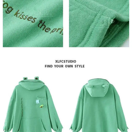 Y2K Autumn Winter Unisex Cartoon Frog Fleece Hoodies Loverly Zipper Loose Warm Sweatshirt Full Sleeve Harajuku Hooded Jackets
