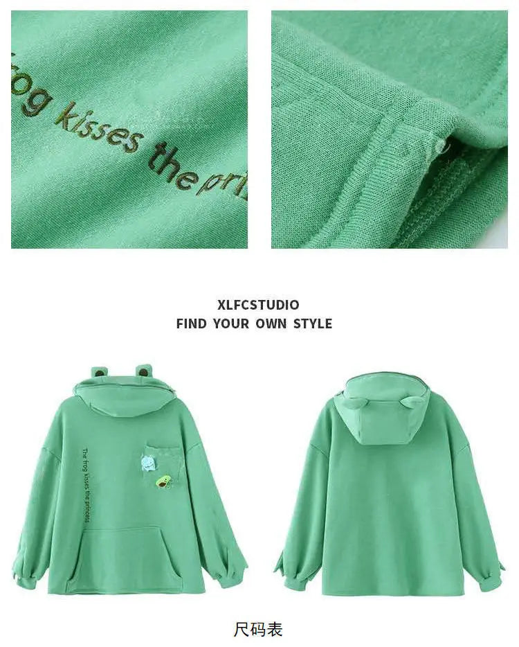 Y2K Autumn Winter Unisex Cartoon Frog Fleece Hoodies Loverly Zipper Loose Warm Sweatshirt Full Sleeve Harajuku Hooded Jackets