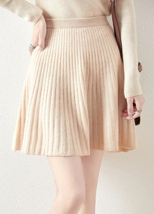 Korean Skirt 100% Merino Wool Women's Knitted Mini Skirt Autumn and Winter Women's Fashion Solid Color Small Umbrella Skirt PlatiNum