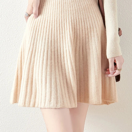 Korean Skirt 100% Merino Wool Women's Knitted Mini Skirt Autumn and Winter Women's Fashion Solid Color Small Umbrella Skirt PlatiNum