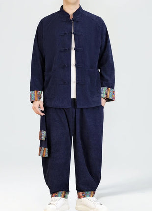 2026 Uomini di Stile Cinese Retro Tang Vestito Da Uomo di Velluto A Coste Patchwork Set Stampato Int