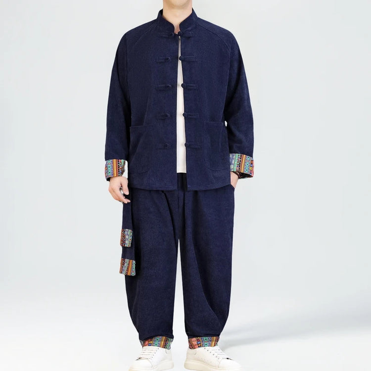 2026 Uomini di Stile Cinese Retro Tang Vestito Da Uomo di Velluto A Coste Patchwork Set Stampato Int