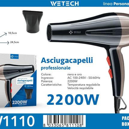 2200W Professional Hair Dryer AC100-240V Adjustable Temperature Speed Cold Shot Blow Dryer With Concentrator Nozzle Salon Home Travel Hair Styling Tool