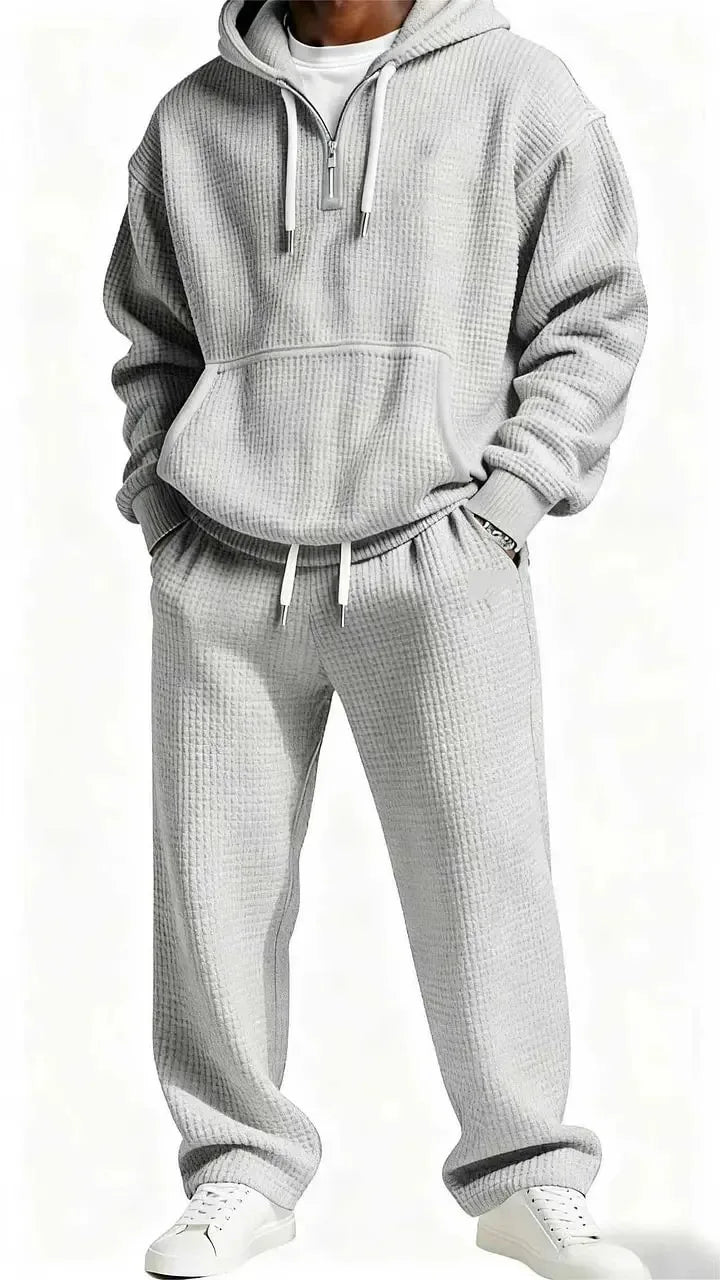 Autumn and Winter Waffle Hooded Sweatshirt Sweatpants Set 3D Printed Casual Sports Suit Men PlatiNum