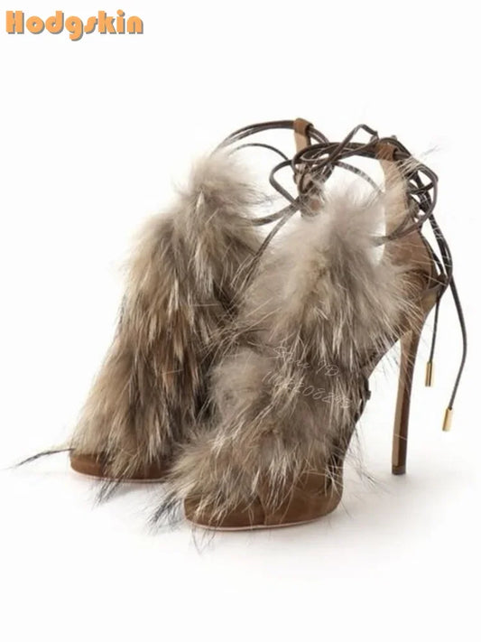 Retro Faux Fur Strappy Sandals Round Toe Cross-tied Stiletto Suede Lace-up Dress Shoes Thin High Heels 2025 Spring New Women