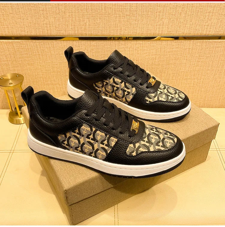 European New Shoes for Men Genuine Leather Patchwork Casual Shoes Trend Flat Skateboard Shoes Youth Cool Lace-up Sneakers