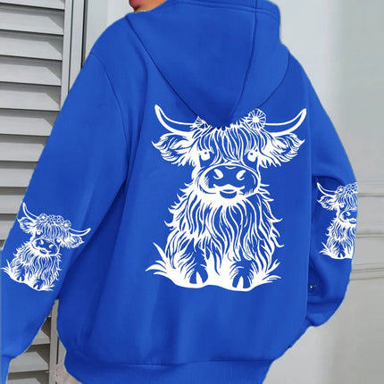 Cute Hair Cow Cartoon Printing Hoodies Womens Fleece Autumn Streetwear Comfortable Casual Hoodie Y2K Pocket All-Match Hoody