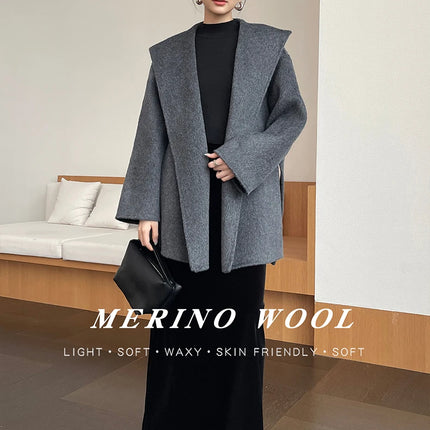 Brushed 100% Wool Coat Women Hooded Belted Wrap Coat Long-Pile Double-Faced Texture Unlined Relaxed Fit Short Coats Fall Winter