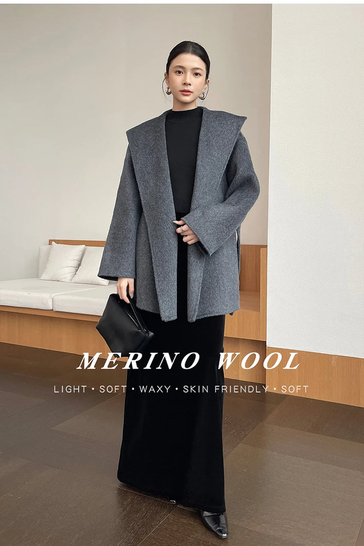 Brushed 100% Wool Coat Women Hooded Belted Wrap Coat Long-Pile Double-Faced Texture Unlined Relaxed Fit Short Coats Fall Winter