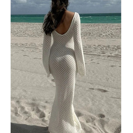 Nuovo stile lavorato a maglia scava fuori scollo a V abito a maniche lunghe da donna vacanza al mare bikini senza schienale copricostume protezione solare abito lungo platinumshop