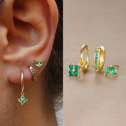 3PCS Trendy Stainless Steel Flower Drop Earring Set For Women Crystal Zirconia Dangle Earring Hypoallerg Piercing Jewelry aretes PlatiNum