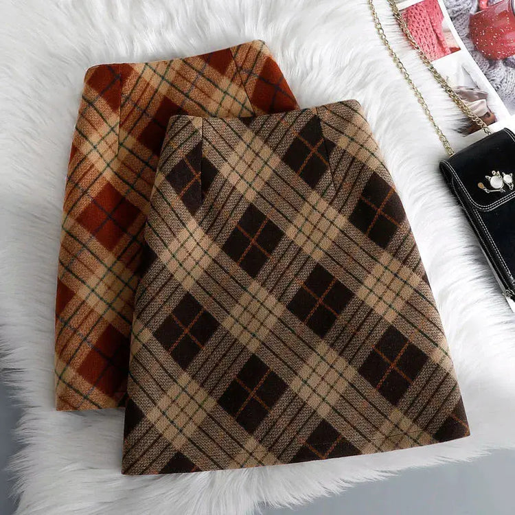 Plaid Woolen Short Skirts Women Autumn Winter New Zipper High Waist Temperament Mini Skirt Woman Retro Thicken Checked Skirts PlatiNum