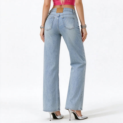 Women's Low Waist Wide Leg Jeans, Light Wash Stretch Denim, Casual Shaping Wide Leg Pants for All Occasions,Yw-2025