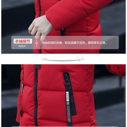 Women Winter Fur Collar Hooded Parka Coats Fashion Letter Patch Zipper Long Jacket Elegant Slim Warm Thick Female Snow Outerwear
