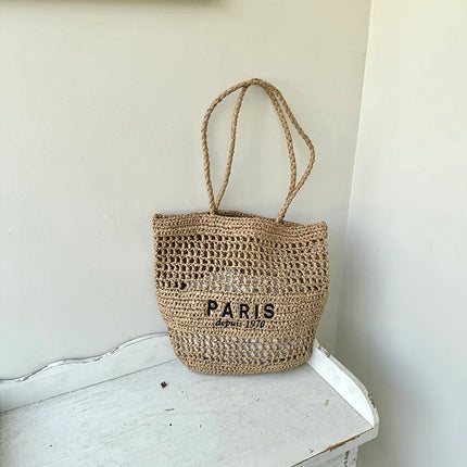 Hylhexyr Women's Letter Embroidered Shoulder Bag Woven Straw Bag Large Capacity Empty Holiday Beach Bags