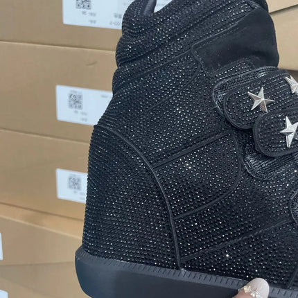 Women Rhinestone High Top Sneakers Hidden Wedge Heel Shoes Star Decor Hook & Loop Fashion Platform Ankle Boots