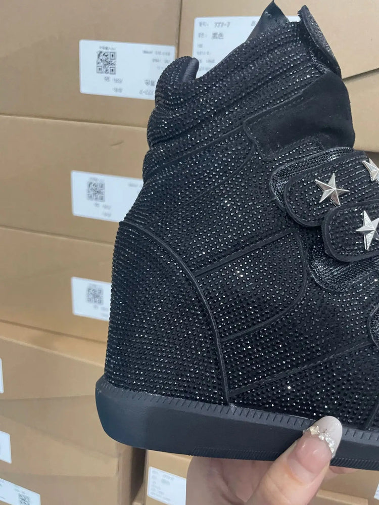 Women Rhinestone High Top Sneakers Hidden Wedge Heel Shoes Star Decor Hook & Loop Fashion Platform Ankle Boots