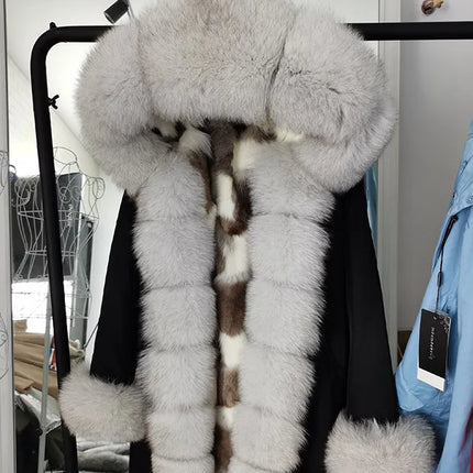 Winter Long Jacket Real Fur Coat Women Clothes Large Silver Fox Fur Collar Detachable Natural Fox Lining Parkas Leather Fur