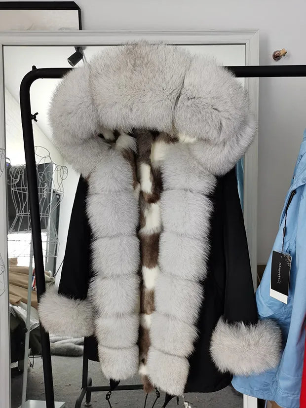 Winter Long Jacket Real Fur Coat Women Clothes Large Silver Fox Fur Collar Detachable Natural Fox Lining Parkas Leather Fur