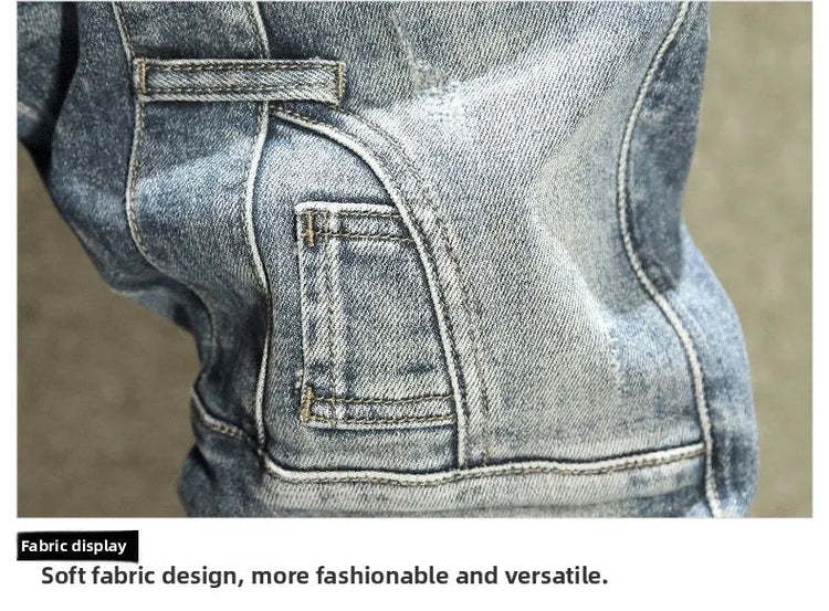 2025 Spring Autumn Korean Luxury Clothing New Cargo Brand Tooling Jeans Men's Slim High Street Men's Splicing Patch Trousers PlatiNum