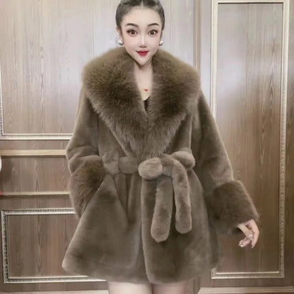 Luxury Brand Chic Faux Fur Coats Fur Collar Oversized with Belt Women Fur Jackets Winter Long Sleeve Outerwear Soft Coats New