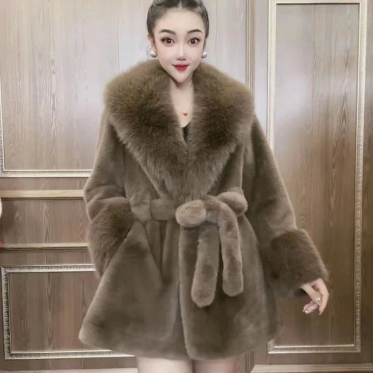 Luxury Brand Chic Faux Fur Coats Fur Collar Oversized with Belt Women Fur Jackets Winter Long Sleeve Outerwear Soft Coats New