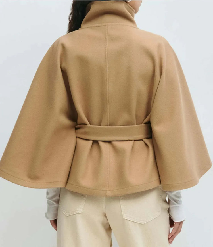 Women Lace Up High Neck Jackets for Women with Belt Elegant Windbreaker Faux Wool Blends Cape Korean Solid Windbreaker Cloak