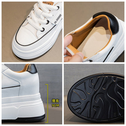 Fujin 9cm 3 inch comfortable platform sneakers for women Genuine Leather Women Vulcanized Shoes Platform High Heels Casual Shoes PlatiNum