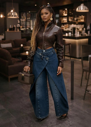 Jeans Larghi Vintage in Denim Lavato per Donna, Vita Alta con Asimmetrico Design Incrociato, Stile Y2K Streetwear Casual alla Moda