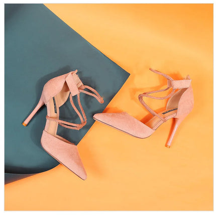 2021 Estate europea e americana pelle scamosciata a punta croce cinturino scarpe tacco alto banchetto da donna discoteca sandali sexy con tacco sottile