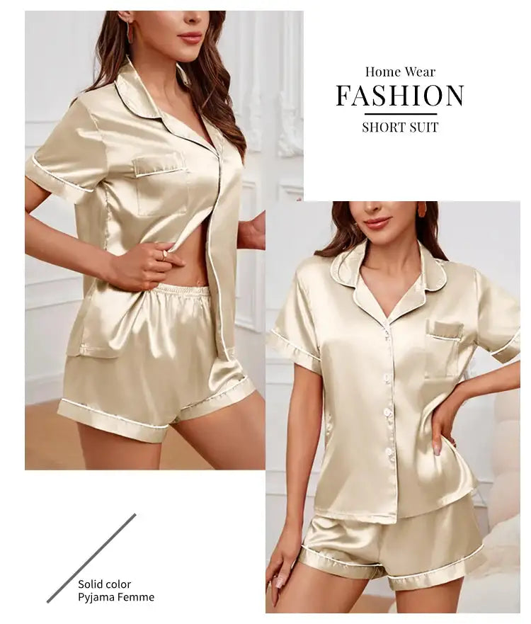 Pigiama da donna in raso di seta estivo Set Top e pantaloncini abbottonati 2 pezzi indumenti da notte colletto dentellato indumenti da notte Loungewear per le donne platinumshop
