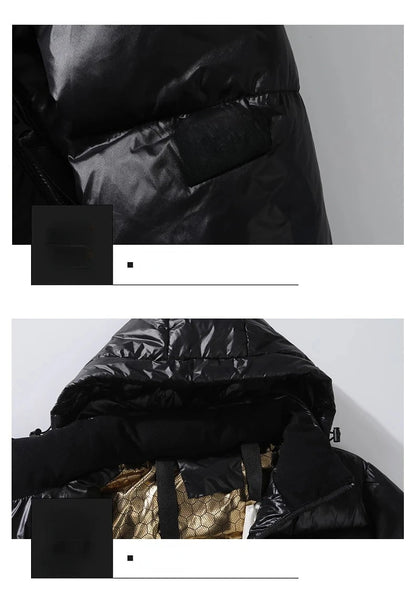 2024 Winter Warm Jacket Men's Trendy Brand Black Gold Bright Waterproof Warm Parka Short Women's Casual Down Cotton Padded Coat