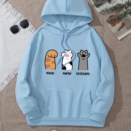 Three cat paw pattern printed hoodie, drawstring casual hooded sweatshirt, suitable for winter and autumn, women's clothing