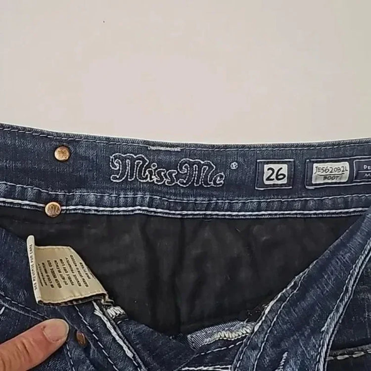 Jeans Boot Cut Retrò Miss Me da Donna, Nuovi Jeans Blu Y2K con Tasche Ricamate, Stile Hip Hop Harajuku Gotico, Pantaloni Larghi Streetwear
