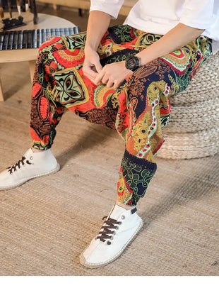 Pantaloni Harem da Uomo 2026 Stile Retrò con Stampa, Pantaloni Jogger Larghi e Comodi con Cavallo Ribassato, Stile Nepal Oversize, Pantaloni Casual da Uomo con Cavallo Ribassato