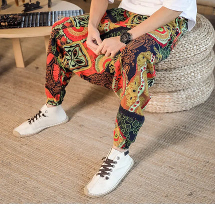 Pantaloni Harem da Uomo 2026 Stile Retrò con Stampa, Pantaloni Jogger Larghi e Comodi con Cavallo Ribassato, Stile Nepal Oversize, Pantaloni Casual da Uomo con Cavallo Ribassato
