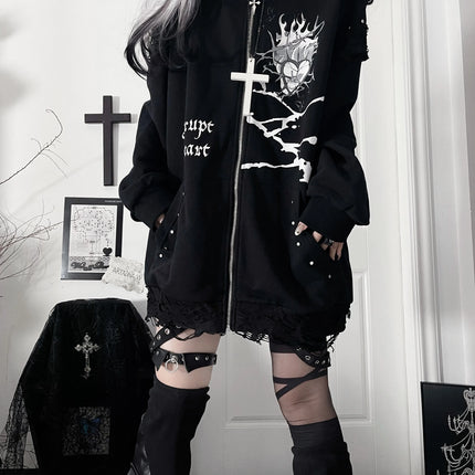 Original Print Subculture Dark Loose Cat Ear Distressed Hooded Sweatshirt Jacket Zip Up Hoodie Oversized Hoodie