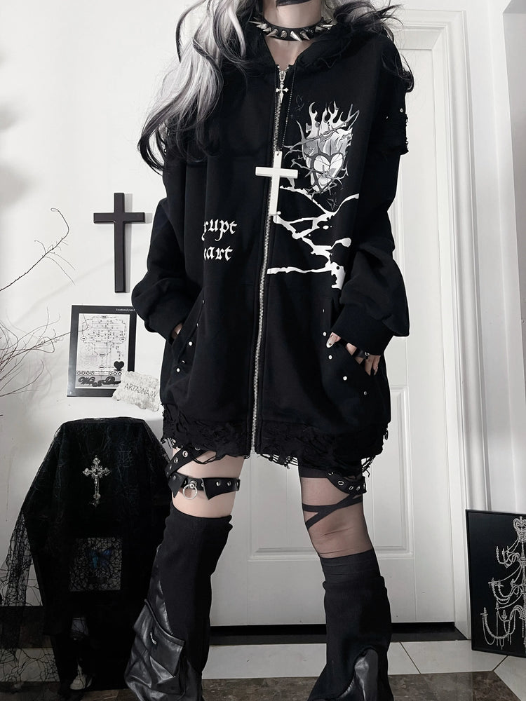 Original Print Subculture Dark Loose Cat Ear Distressed Hooded Sweatshirt Jacket Zip Up Hoodie Oversized Hoodie