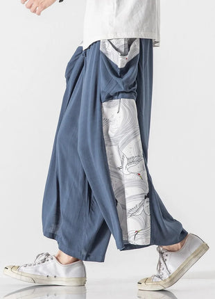 Men's Summer Harajuku Harem Pants Cotton Linen Joggers Mens Calves Length Loose Vintage Japanese Ukiyo-e Print Pants