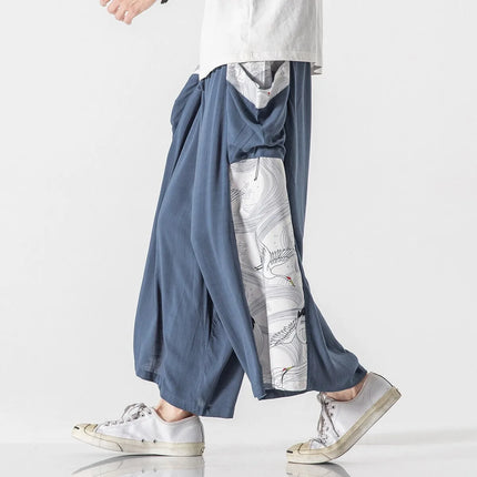 Pantaloni da uomo estivi Harajuku Harem Pantaloni da jogging in cotone di lino Pantaloni al polpaccio da uomo Allentati Costume giapponese vintage Ukiyo-e Pantaloni con stampa