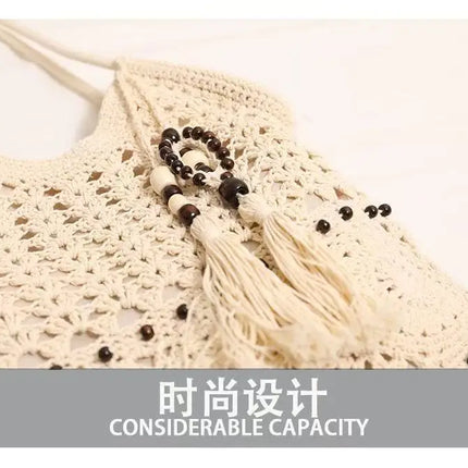 Women Crochet Tote Bag White Openwork Knit Handbag with Beaded Fringe Charm Long Adjustable Straps Boho Beach Bag