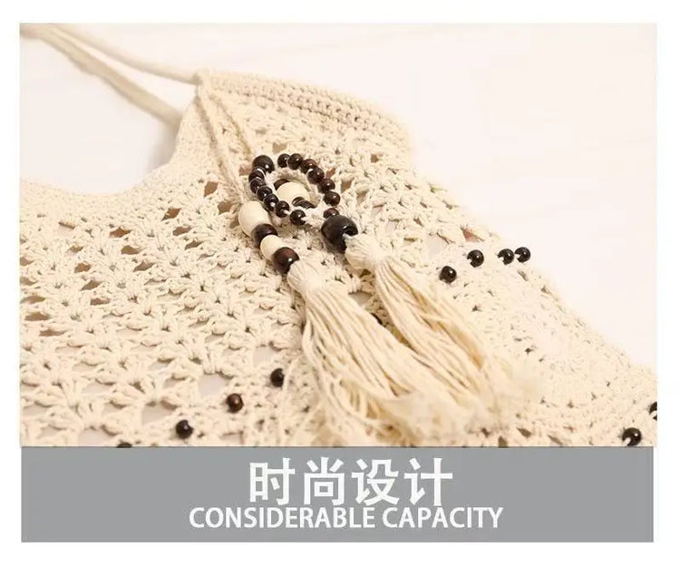 Borsa tote all'uncinetto per donna Borsa in maglia traforata bianca con ciondolo con frange di perline Cinghie lunghe regolabili Borsa da spiaggia Boho